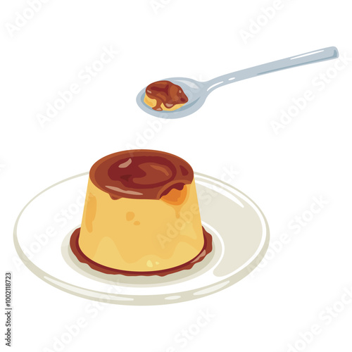 皿に盛られたプリンをスプーンですくうイラスト