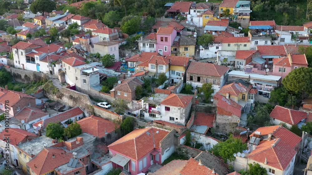 Aerial view of the historical Greek stone houses in the castle neighborhood of Bergama with a drone Aerial view of the historical Greek stone houses in the castle neighborhood of Bergama with a drone