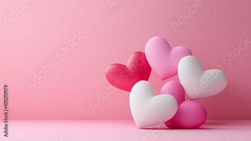 3D pink and white hearts on a light background for Valentine's Day, a love-themed wallpaper