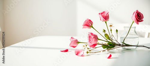 Pink Roses in a Glass Vase on a White Table