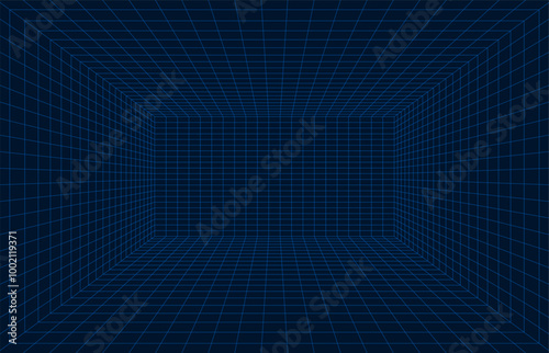 Empty futuristic digital box room. Wireframe grid template in perspective