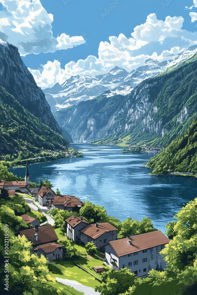 A serene village nestled in a lush valley by a shimmering lake surrounded by towering mountains under a bright blue sky A serene village nestled in a lush valley by a shimmering lake surrounded by towering mountains under a bright blue sky
