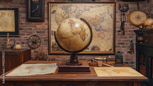 A beautiful, antique globe on a wooden stand, surrounded by old maps and navigation tools, giving a sense of exploration from centuries past.