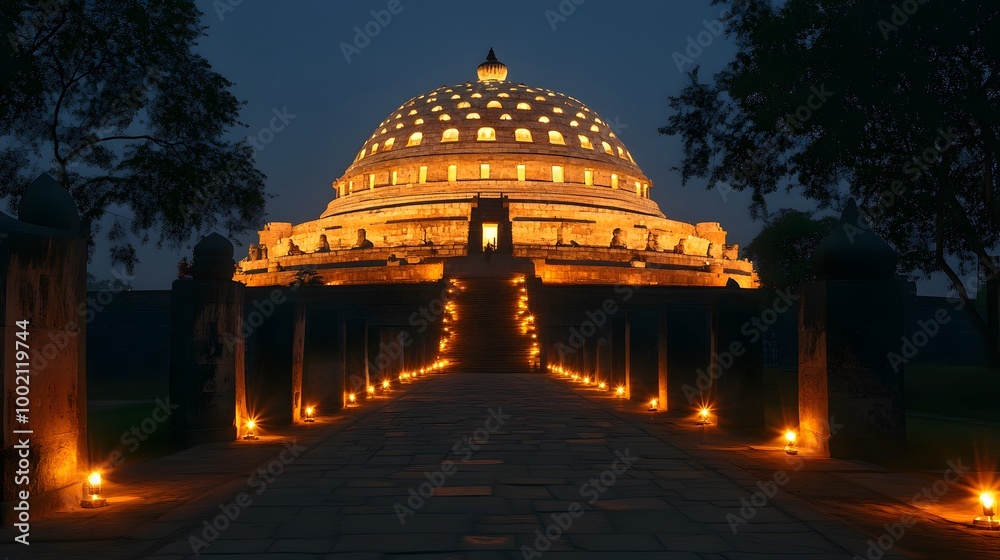 Fototapeta premium The magnificent Sanchi Stupa illuminated at night for Buddha Purnima