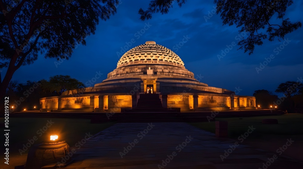 Fototapeta premium The magnificent Sanchi Stupa illuminated at night for Buddha Purnima