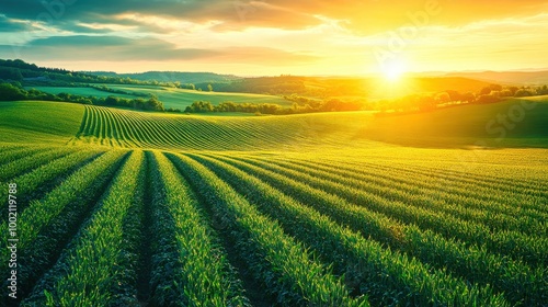 Sunset illuminating rolling hills of lush green crops