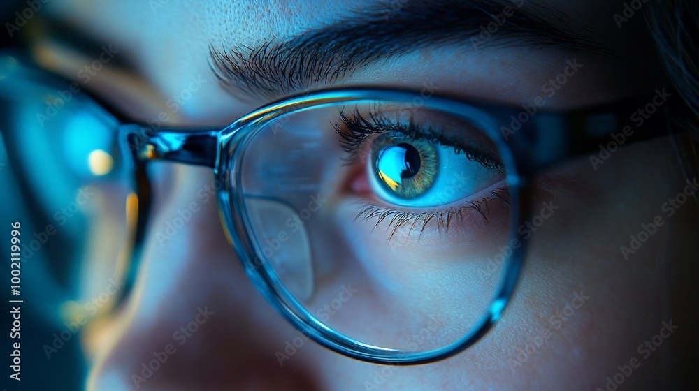 Close-up of a woman's eye looking at a screen, with blue light reflecting off the glasses. Close-up of a woman's eye looking at a screen, with blue light reflecting off the glasses.