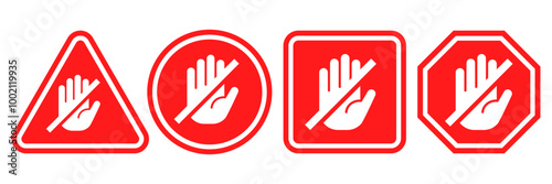 Stop signs set. Red traffic car stop hand signal warning symbol. Do not enter forbidden sticker. Ad block sign. Hazard sign symbol vector illustration isolated on white background.