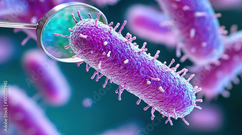 Magnifying glass showing rod-shaped bacteria with pili and fimbriae photo