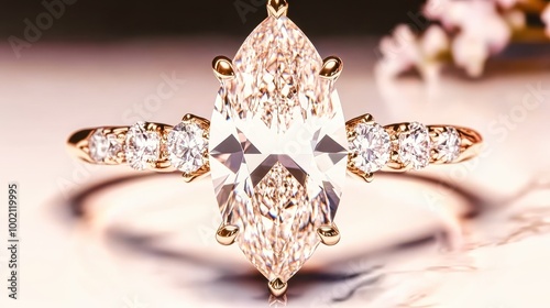 Marquise cut diamond engagement ring sparkling on reflective surface