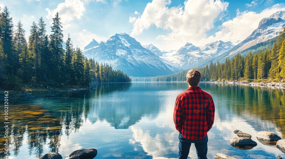 Man admiring breathtaking mountain lake view reflecting in water Man admiring breathtaking mountain lake view reflecting in water