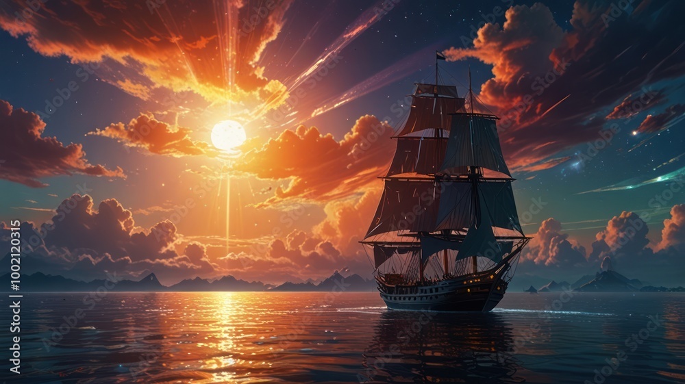 Fototapeta premium A single ship sails across a calm sea at sunset with shooting stars in the sky.