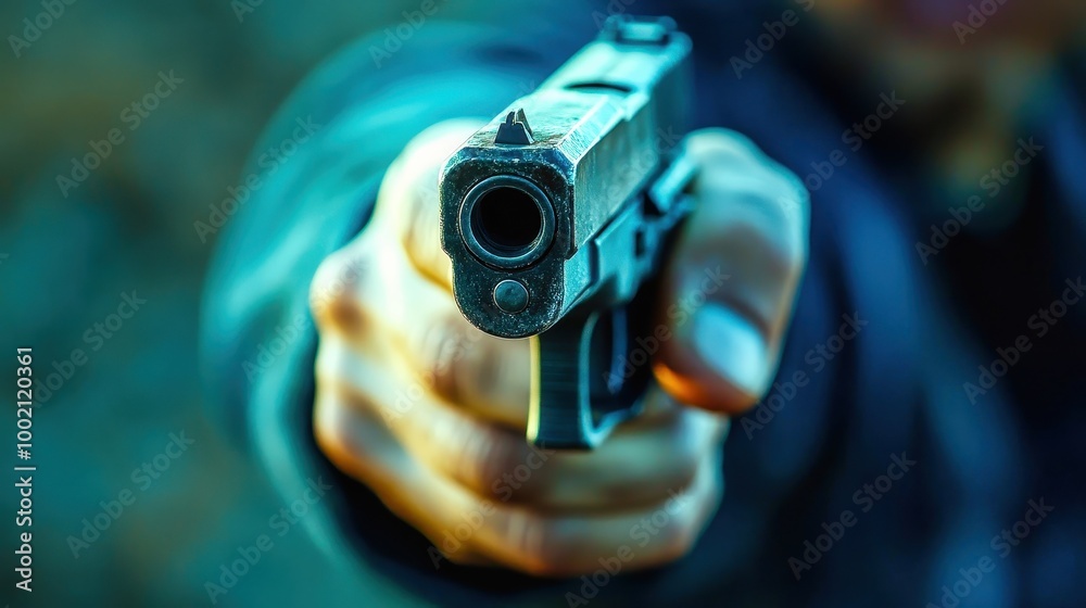 Criminal pointing gun at you with blurred face Criminal pointing gun at you with blurred face