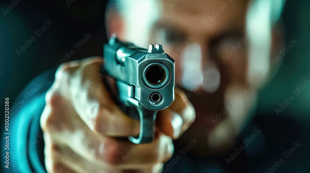 Criminal pointing gun at you with blurred face Criminal pointing gun at you with blurred face