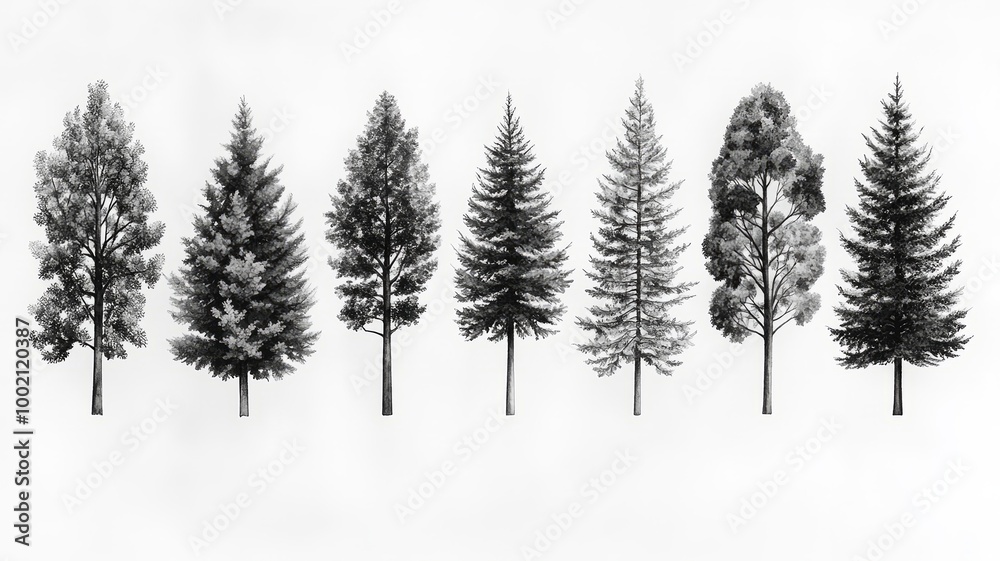 Set of various pine trees isolated on white background Set of various pine trees isolated on white background