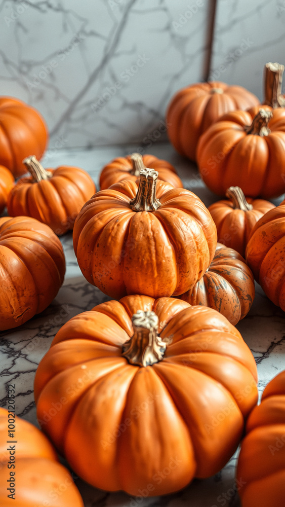 Close Up of Pumpkins on a Marble Surface Close Up of Pumpkins on a Marble Surface