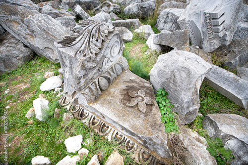 Kyzikos Ancient City is located in Erdek district. A girl watching the world's biggest Corinthian-style column head was unearthed.  
 photo