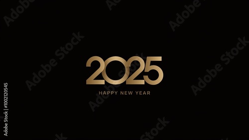 A simple, elegant, and modern gold-colored "2025 Happy New Year" text design against a black background.