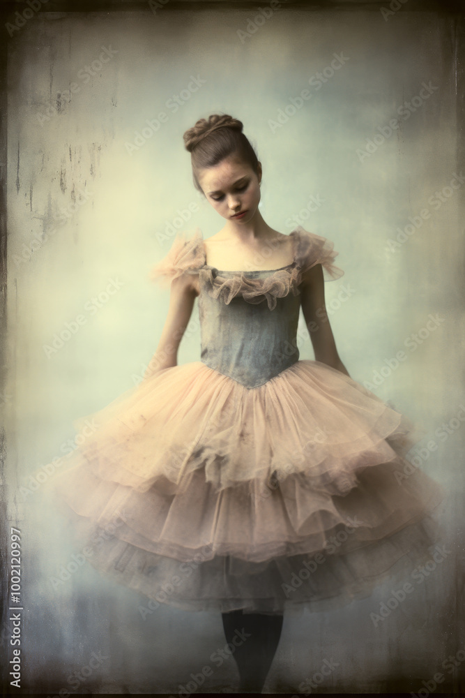 Fototapeta premium A young ballerina in a delicate, vintage tutu stands with a graceful pose, her head gently tilted down. The soft, muted tones evoke a sense of elegance, poise, and timeless beauty.