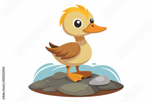 A cheerful yellow duckling with big green eyes stands proudly on a rock surrounded by water. The duckling has small wings spread out as if it's about to fly. The rock is covered with green grass, 