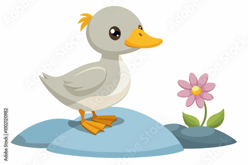 A cheerful yellow duckling with big green eyes stands proudly on a rock surrounded by water. The duckling has small wings spread out as if it's about to fly. The rock is covered with green grass, 