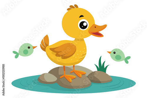 A cheerful yellow duckling with big green eyes stands proudly on a rock surrounded by water. The duckling has small wings spread out as if it's about to fly. The rock is covered with green grass, 