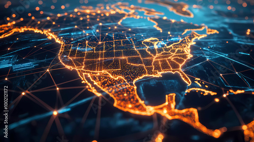 Digital map of USA, concept of North America global network and connectivity, data transfer and cyber technology, information exchange and telecommunication Generative AI