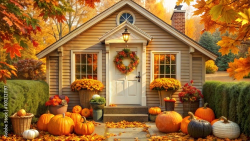  Cozy autumn house decorated with pumpkins and fall foliage for the season