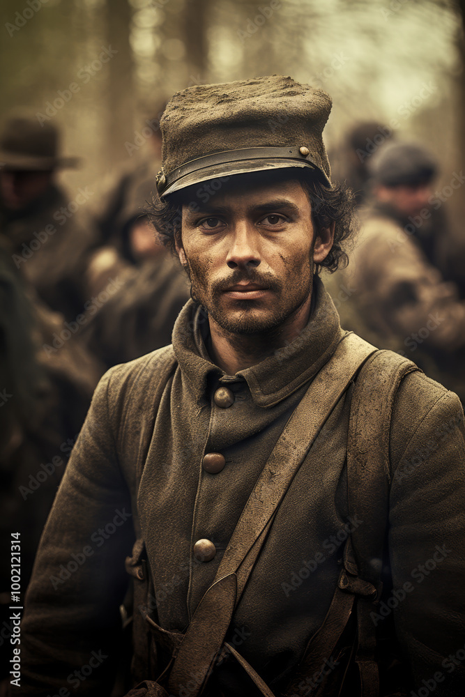 A soldier stands in worn, muddy uniform with a solemn expression, surrounded by fellow troops. The image captures the grit, determination, and harsh reality of life during wartime. A soldier stands in worn, muddy uniform with a solemn expression, surrounded by fellow troops. The image captures the grit, determination, and harsh reality of life during wartime.