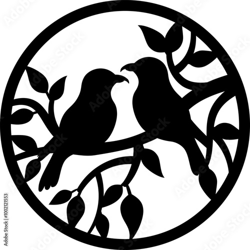 Design features a black bird silhouette perched on a branch with leaves enclosed in a circle. This laser cutting template in a round shape is perfect for creating decorative pieces for wall decor.
