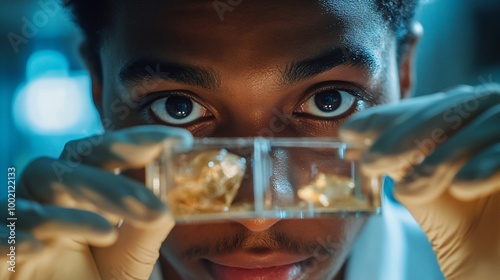 A focused young scientist examines a sample in a petri dish during a laboratory experiment.