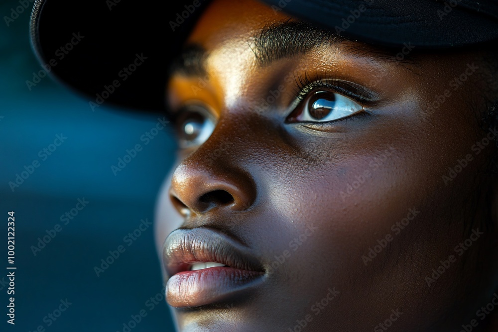 Close-up portrait of a young woman with a focused gaze. Close-up portrait of a young woman with a focused gaze.