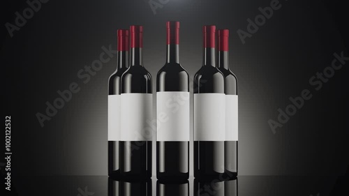 Closeup wine bottle set on dark background. 3D animation. Food and Drinks idea concept.