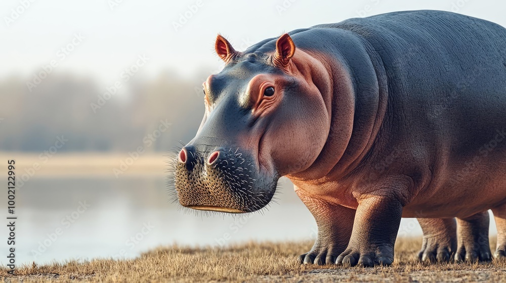 Fototapeta premium Baby hippo grazing near a riverbank, clean and untouched habitat, promoting wildlife conservation, soft morning light, detailed textures and photorealistic nature