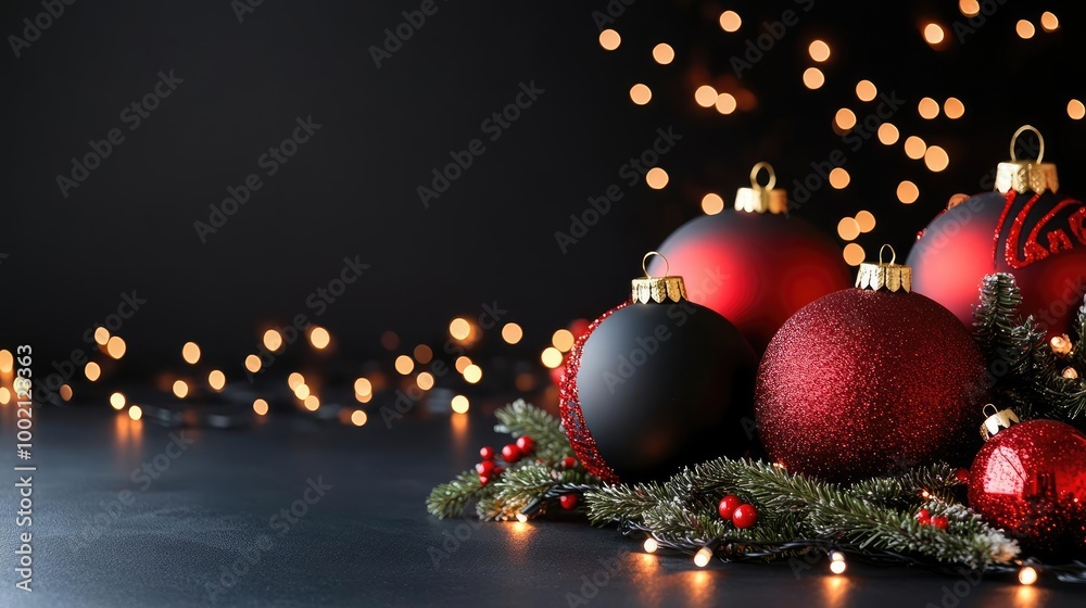 Fototapeta premium Bold black Christmas backdrop with striking red accents, featuring large ornaments and glowing lights for a dramatic holiday scene