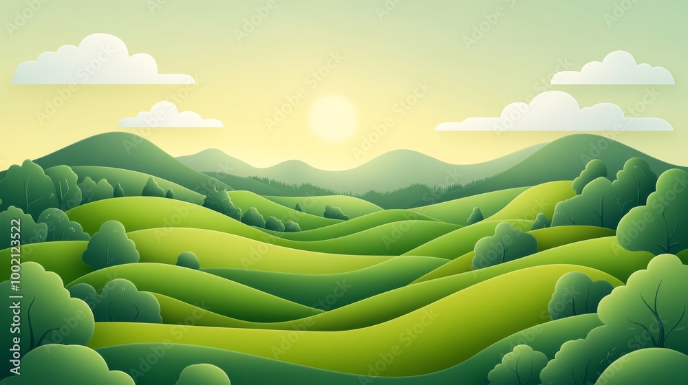 Obraz premium Lush green hills and valleys under a pastel sky at sunrise with gentle clouds and a warm glow illuminating the landscape