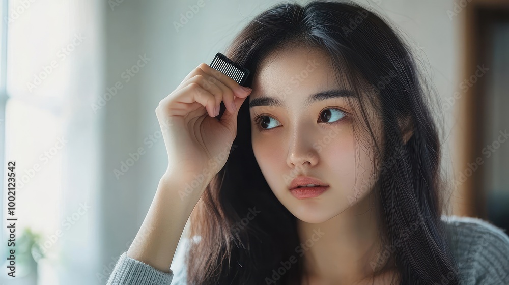 Young woman with long black hair looking off to the side while holding a comb to her hair. Young woman with long black hair looking off to the side while holding a comb to her hair.