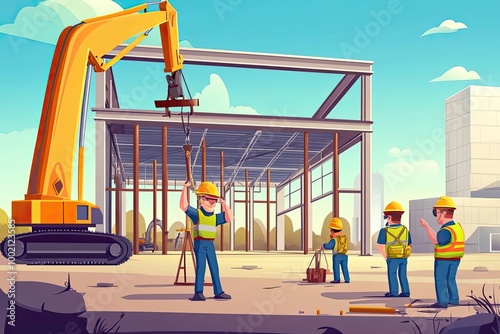 Construction Workers Using Crane to Install Steel Beams for Building