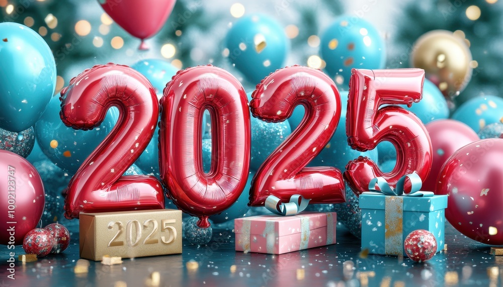 Obraz premium Red Balloon Number 2025 New Year Celebration