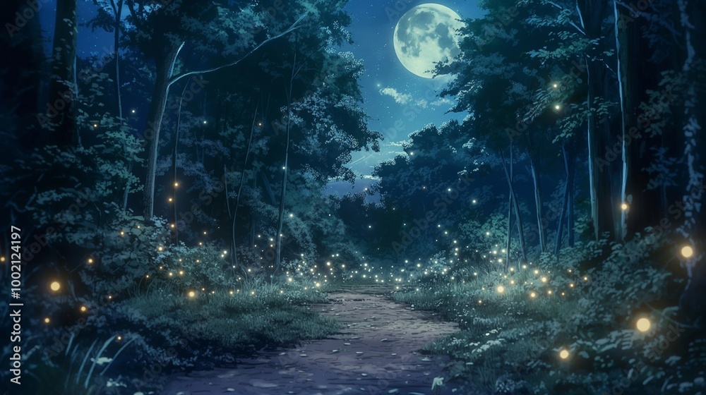 nice anime background of the misty forest at night, halloween