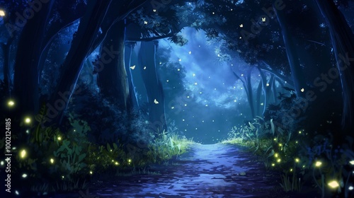 nice anime background of the misty forest at night