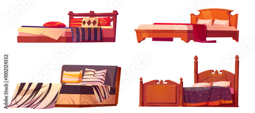 Bed with headboard for hotel or flat room interior illustration. Wooden bedroom double furniture with mattress, cotton blanket and pillow to sleep. Construct cozy modern household element for game