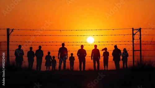 Refugee migrants behind a barbed wire border at sunset