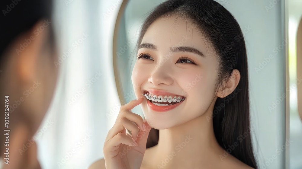 Young woman with braces looking at herself in the mirror smiling. Young woman with braces looking at herself in the mirror smiling.