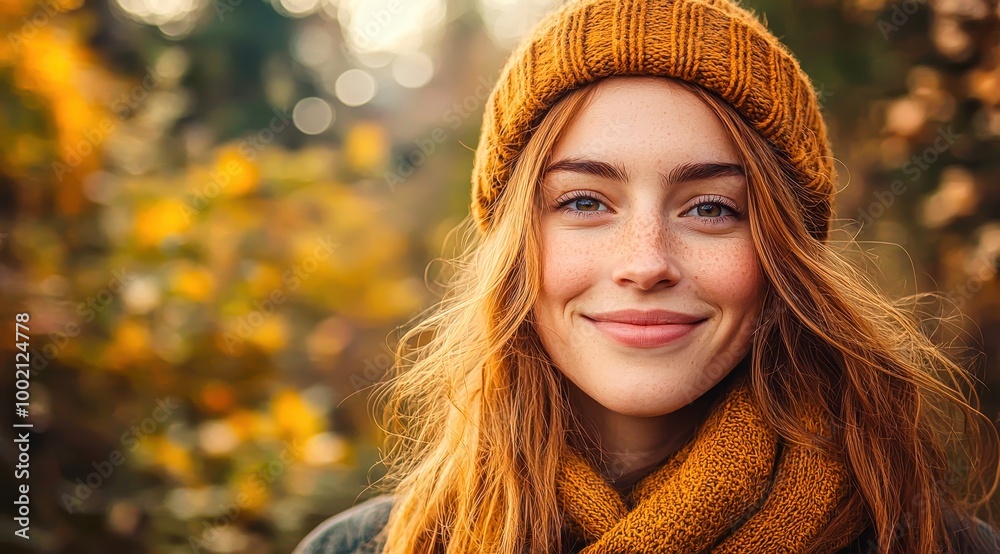 Happy young woman smiling in autumn forest enjoying warm weather Happy young woman smiling in autumn forest enjoying warm weather