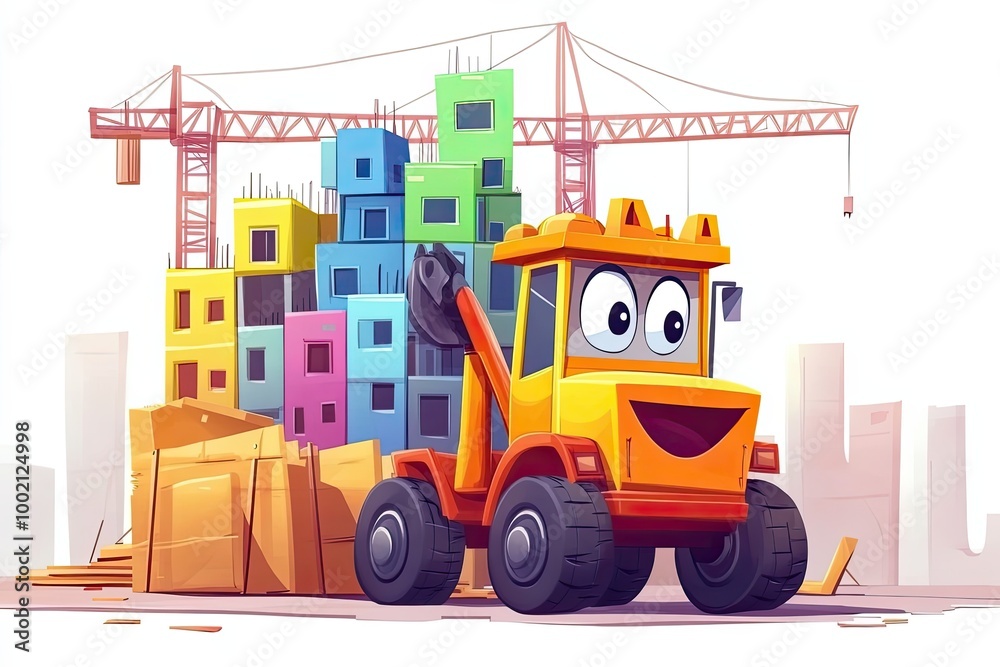 Fototapeta premium A Cartoon Construction Truck Smiles as It Works on a Multi-Story Building Project