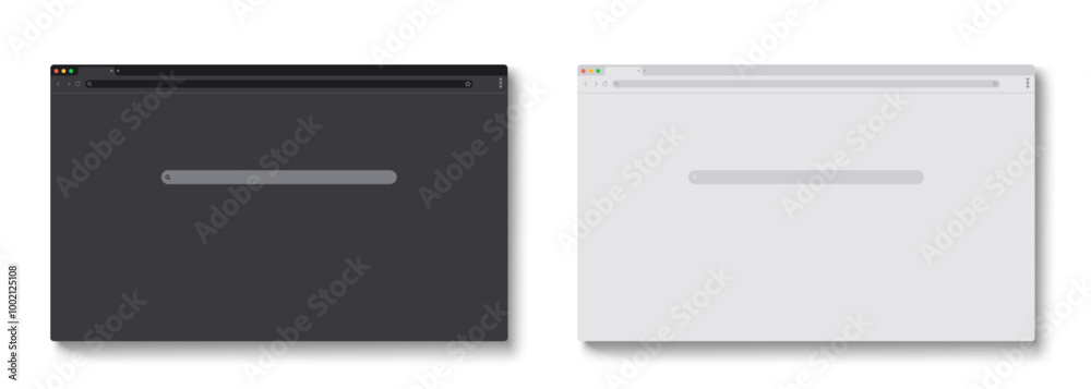 Browser windows set isolated on background. Vector realistic illustration of white and black web pages with search bar and ui icons, blank user interface template for computer, software design Browser windows set isolated on background. Vector realistic illustration of white and black web pages with search bar and ui icons, blank user interface template for computer, software design