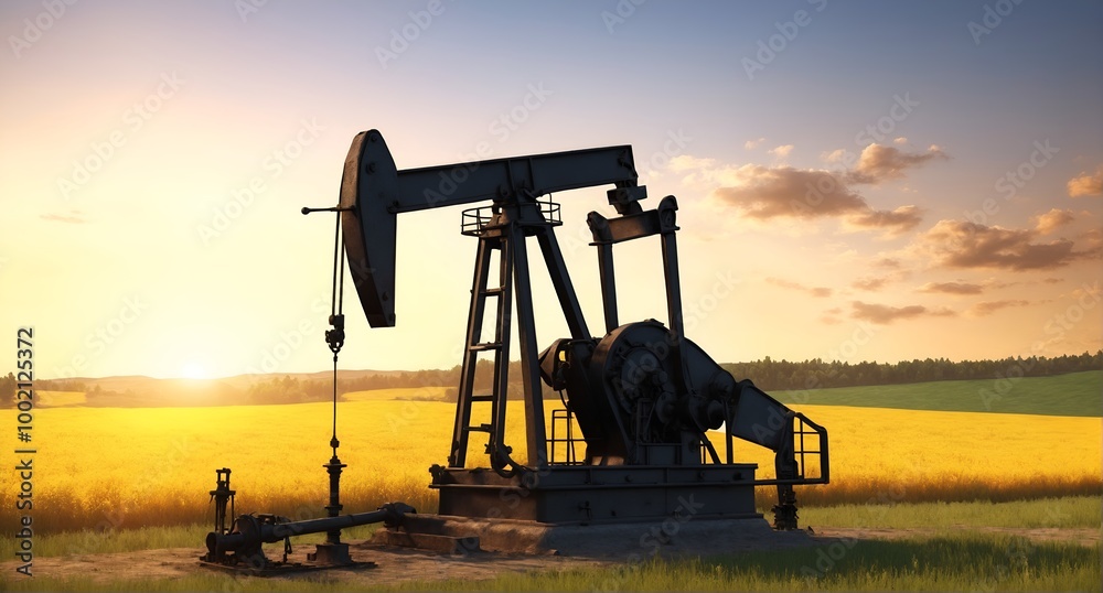 Naklejka premium energy and agriculture oil pump in the midst of picturesque countryside fields,