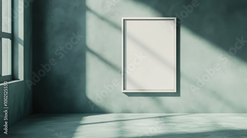 Mock up frame in a modern, empty room with muted green walls and no decorations, fine details in the wall paint and floor texture, 3D render 