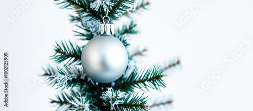 Silver Christmas Ornament Hanging on a Pine Tree Branch